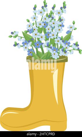 Pretty spring summer bouquet of small blue forget me not flowers with stems and leaves in yellow boot shaped vase. Interior Design. Plant shop. Vector illustration Stock Vector