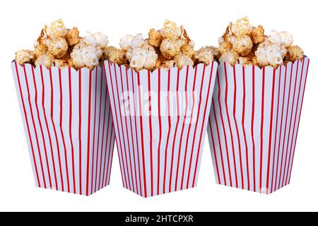 Three containers of popcorn food on a white isolated background. Red striped square carboard boxes of kettle corn Stock Photo
