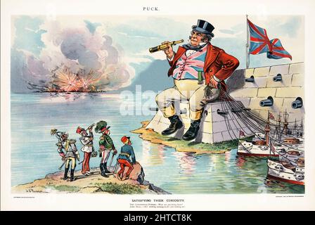 A late 19th century American Puck Magazine illustration of John Bull sitting on a strong fortress representing England, with a telescope in one hand and strings attached to battleships in the other; on the edge of the continent are four figures representing 'Germany' (William II), 'Austria' (Franz Joseph I), 'Italy' (Umberto I) and 'France' (Felix Faure) wondering what John Bull is doing. In the background, a battle rages between the United States and Spain around the island of Cuba. Stock Photo