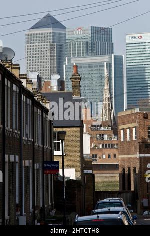 Canary Wharf, Tower Hamlets, London, 2009. General view looking north-west towards the towers of Canary Wharf from Eastney Street in Greenwich, with the spire of Christ Church, Isle of Dogs, in the middle distance Stock Photo