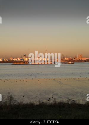 Thamesmead, Bexley, London, 2006. General view looking north-east across the River Thames from Thamesmead towards Dagenham at dusk, with a tug travelling downstream, pulling two barges loaded with shipping containers. Stock Photo