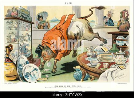 A late 19th century American Puck Magazine illustration of John Bull as a bull in the 'China Department' of a shop selling tablewares. Concerned about problems with Free Ports in China, he is charging a cabinet labelled 'China Department' on the left, with dishes with labels reserved for European countries. On the right is a table labelled 'Hainan' set with dishes labelled 'Canton, Hong Kong and  Formosa'. Outside the shop, Uncle Sam, and a woman holding a parasol labelled 'Japan'  are watching John Bull. Stock Photo