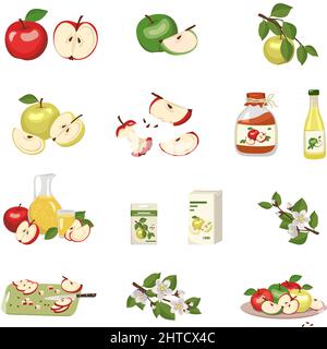 Apple icons set. Whole fruit and half with seed and leaf, stub, juice in bottle, jug and glass, jam in jar and pieces on cut board. Sweet food for diet, flowering branches. Vector flat illustration Stock Vector