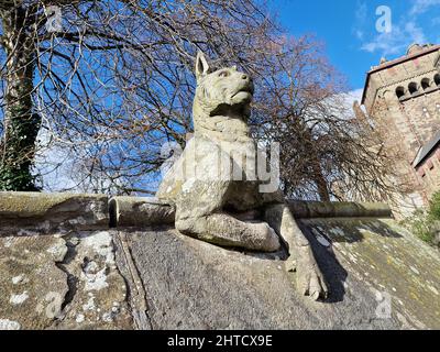 Lynx sculpture from the Animal Wall of Cardiff Castle in Wales built in 1890 in Castle Street which is a popular travel destination tourist attraction Stock Photo