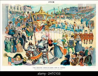 An early 20th century American Puck Magazine illustration of the procession for the coronation of Edward VII, King of Great Britain; many of those participating in the pageantry are wearing medieval costume. The caption refers to Barnum and 'the Greatest Show on Earth'. Stock Photo