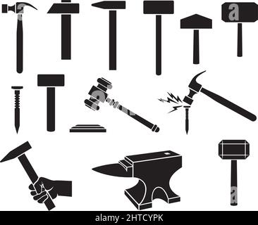 Hammers icons set - black silhouettes (gavel, nail, weapon of Thor) Stock Vector