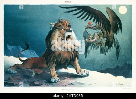 A late 19th century American Puck Magazine Illustration showing the British Lion confronting two vultures labelled 'France' and 'Russia' who have come to see if the lion, labelled 'England', is dead. Stock Photo