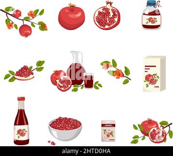 Red pomegranate icons set. Whole fruits and halves with grains, leaf and flower, juice in bottle and pack, jug and glass, jam in jar and pieces in bowl. Sweet food for diet. Vector flat illustration Stock Vector