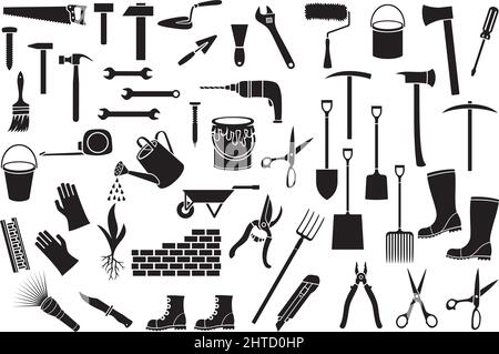 Garden tools icons set - black silhouettes vector illustration Stock Vector