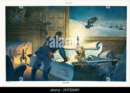 An early 20th century American Puck Magazine illustration of the German Emperor labelled 'Wilhelm' studying a 'Map of England' spread out on a desk with other papers, one of which states 'Germany's Commercial Future' with large question marks on it. On the wall, in the background, is a large painting showing a wolf on a winter's night, looking down on a snow-covered village. Stock Photo