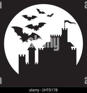 Flying bats and old castle  (Halloween background). Vector illustration. Stock Vector