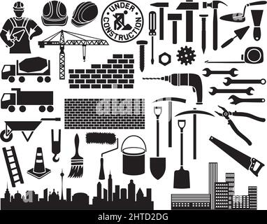 Construction icon set (wheelbarrow, hammer, nail, mason worker with brick and trowel, shovel, traffic cone, hard hat, cranes, silhouette of the city) Stock Vector
