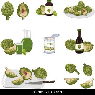 Icon set of artichoke and products from its. Whole vegetable and halves with leaves, healthy juice and medicine from plant, canned food in jar, sliced product on board and plate. Vector flat illustration Stock Vector
