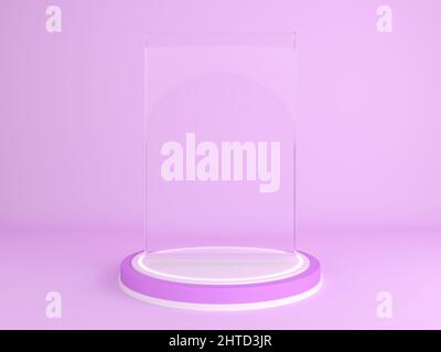 Cylinder podium display or showcase with transparent crystal mockup for product in purple background, 3d rendering Stock Photo