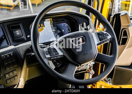 Cape Town, South Africa - February 17, 2022: Steering Wheel and Dashboard of MAN Trucks brand Semi Tractor Stock Photo