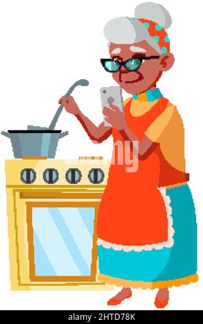 Old Woman Cooking And Using Mobile Phone Vector Stock Vector