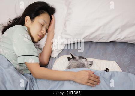 Woman sleeping and hugging dog lying on bed at bedroom. Stock Photo