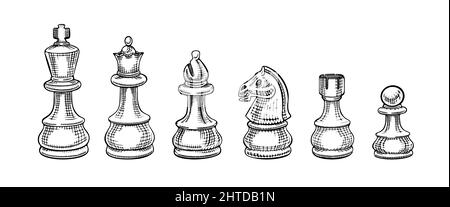 Hand drawn chess pieces collection. Check mate figures set on white background. Vector illustration. Stock Vector