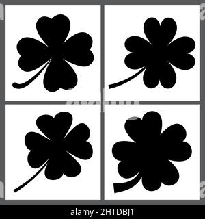 collection of clover, St. Patrick's day icons isolated on white. black silhouette shape Stock Vector