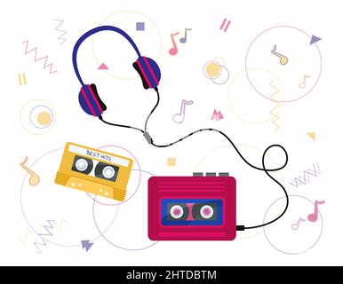 Audio player retro device, cassette and headphones from 80 and 90s. Isolated vector flat objects. 90s set of musical equipment. Illustration of audiot Stock Vector