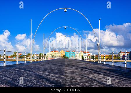 A view of the Queen Emma Bridge, a distinctive pontoon bridge in central Curacao Stock Photo