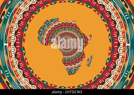 Africa patterned map and frame ethnic motifs. Banner with tribal traditional grunge African pattern, elements, concept design. Vector isolated orange Stock Vector