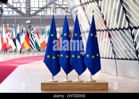 Brussels, Belgium. 28th Feb, 2022. European flags at EU headquarters in Brussels, Belgium on February 28, 2022. Credit: ALEXANDROS MICHAILIDIS/Alamy Live News Stock Photo