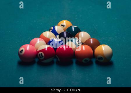 Close up on a billiard balls on a pool table Stock Photo