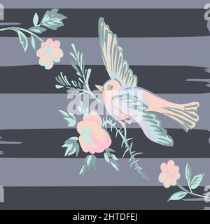 Drawing bird flying with flower roses tropical vintage print, seamless stripes pattern retro background in pastel colors. Vector illustration for desi Stock Vector