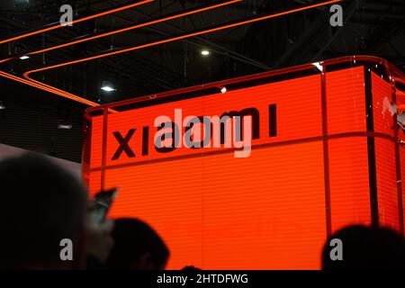 Barcelona, Spain. 28th Feb, 2022. The logo of Chinese smartphone provider Xiaomi is seen at the Mobile World Congress mobile trade show. Credit: Andrej Sokolow/dpa/Alamy Live News Stock Photo