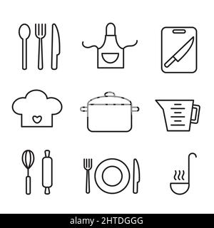 Cooking outline icons. Kitchen apron, cutting board with knife, whisk and rolling pin for dough. Chiefs hat, beaker and cooking pan. Food prepare and Stock Vector