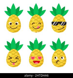 Set of pineapple emojis. Kawaii style icons, fruit characters. Vector illustration in cartoon flat style. Set of funny smiles or emoticons. Good Stock Vector