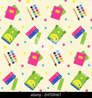 Seamless pattern with school and educational elements. Objects for art, stationery. Print for textile, clothes, book cover, wrapping paper, design and Stock Vector