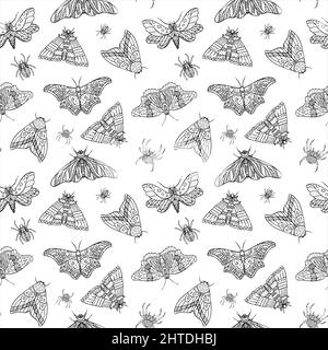 Seamless pattern of vector night butterflies and spiders. Vector illustration Stock Vector