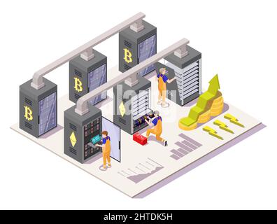Isometric people install crypto mining farm in server room. Cryptocurrency bitcoin mine, blockchain technology, vector. Stock Vector