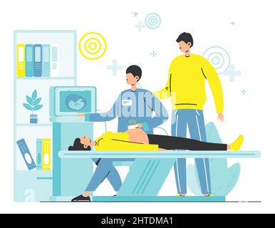 Doctor performing abdominal ultrasound to pregnant woman. Pregnancy ultrasound scan, checkup, sonography test, vector. Stock Vector
