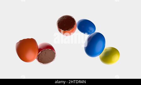 3D rendering of colorful Coated candies stuffed with melted chocolate falling on white background Stock Photo