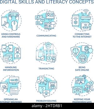 Digital literacy and skills turquoise concept icons set Stock Vector