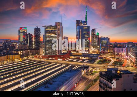 Milan, Italy with modern high rises in Porta Nuova at twilight.