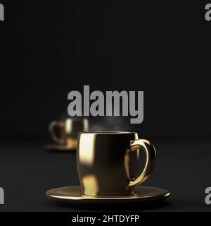 Two golden cups of hot coffee with steam on black background, 3d illustration Stock Photo
