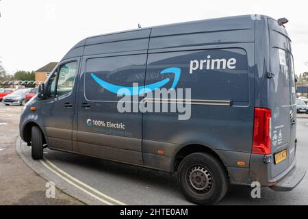Woodbridge Suffolk UK February 22 2022: The new fleet of electric delivery vans for the global American online retailer Amazon Stock Photo