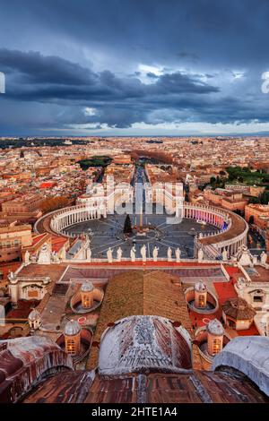 Vatican City, a city-state surrounded by Rome, Italy, from above at dusk.