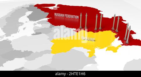 Nuclear war in Russia-Ukraine Crisis. Ukrainian vs Russian borders on Europe-Asia 3D render map with bombs. Diplomatic relation, conflict strategy Stock Photo