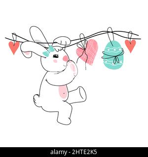 Easter bunny with egg and hearts. Cute bunny or rabbit for Easter card or invitation, cute holiday print or sticker, doodle kawaii style vector illust Stock Vector