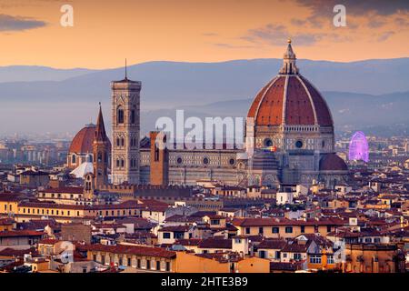 Florence, Italy skyline with landmark buildings at dusk over the Duomo. Stock Photo