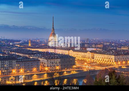 Turin, Piedmont, Italy skyline with the Mole Antonelliana at dusk. Stock Photo