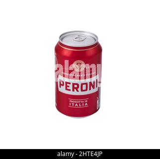 Italy - February 17, 2022: Small can of Italian Peroni brand beer on a white background Stock Photo