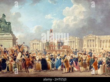 French Revolution: Public execution by Guillotine in the Place de la Revolution, Paris, France, painting by Pierre-Antoine Demachy, 1793 Stock Photo