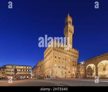 Florence, Italy from Piazza della Signoria with Palazzo Vecchio at night. Stock Photo