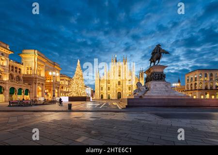 Milan, Italy at the Milan Duomo and Galleria during Christmas time at twilight. Stock Photo